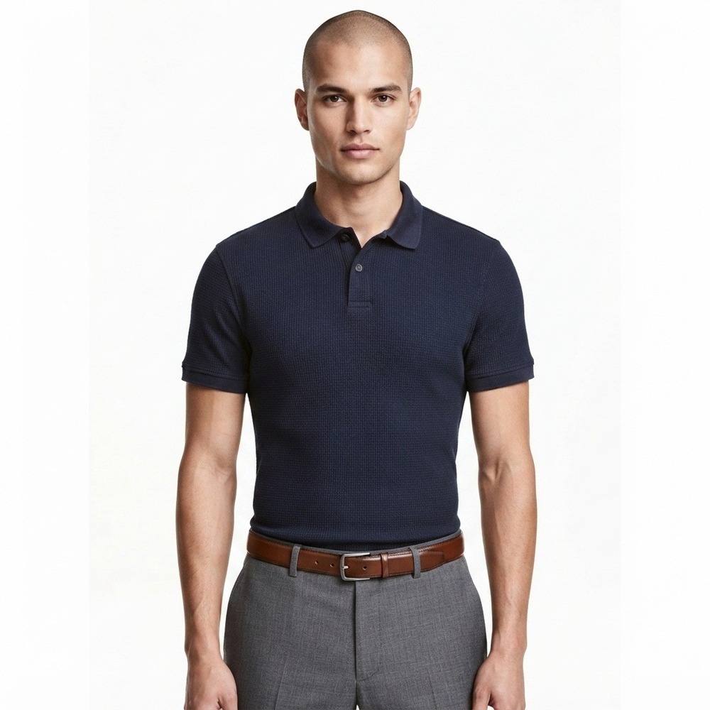 HM Shirt Mens Medium Slim Fit Waffle Knit Polo Navy Blue Short Sleeve Textured